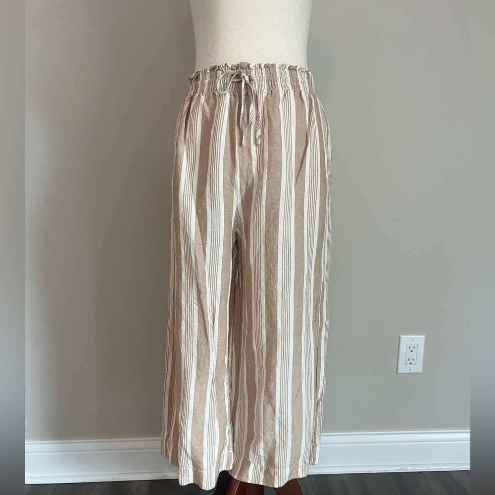 Madewell Smocked Huston Beige and White Striped Drawstring Wide-Leg Pants